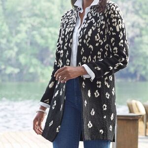 New Leopard Print Talbots Black & White Open Front Cardigan Cozy Size M
